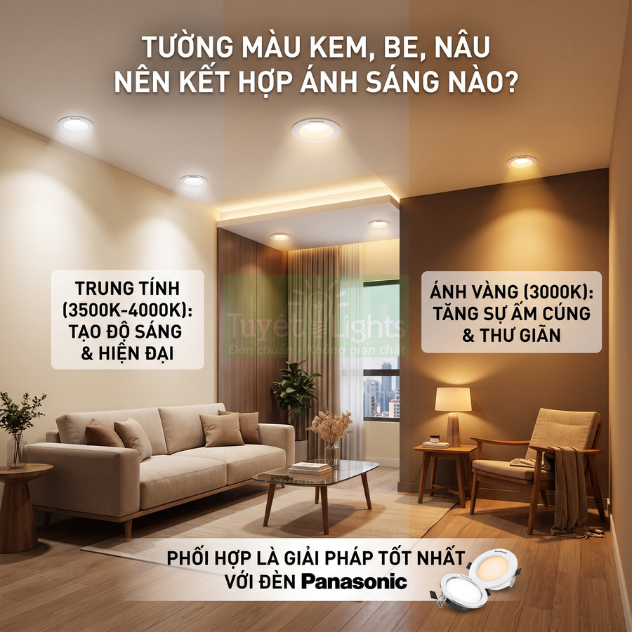 Phòng khách tường màu kem be dùng đèn âm trần Panasonic ánh sáng trung tính và vàng tạo không gian sáng ấm cúng